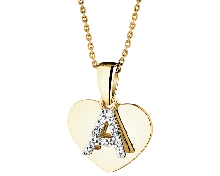 Yellow Gold Diamond Pendant - Heart, Letter A - 0,006 ct - fineness 9 K