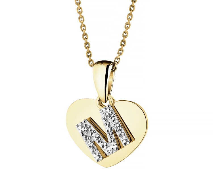 Yellow Gold Diamond Pendant - Heart, Letter M - 0,006 ct - fineness 9 K