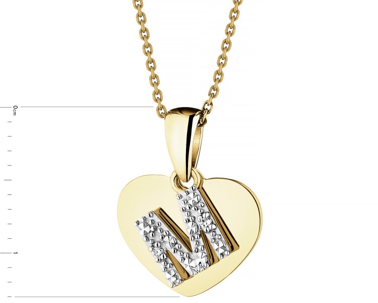 Yellow Gold Diamond Pendant - Heart, Letter M - 0,006 ct - fineness 9 K