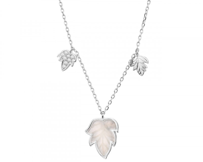 Naszyjnik srebrny z cyrkoniami i masą perłową - liście