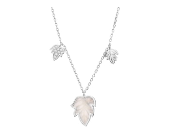 Naszyjnik srebrny z cyrkoniami i masą perłową - liście