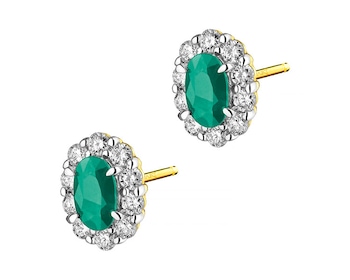 Yellow Gold Diamond & Emerald Earrings - fineness 14 K