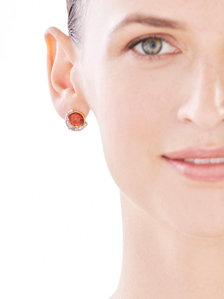 Gold Plated Silver Earrings with Amber & Cubic Zirconia