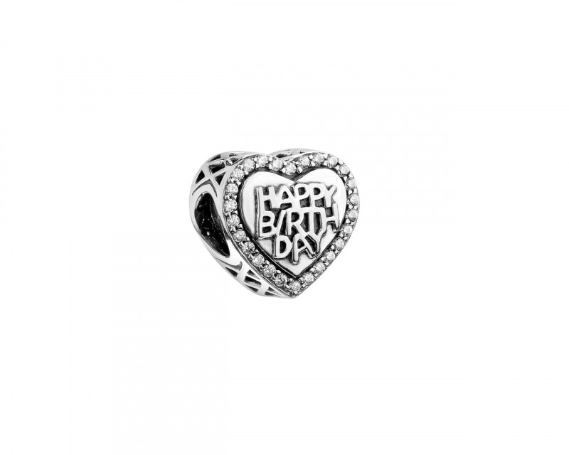 Sterling Silver Beads Pendant with Cubic Zirconia - Heart, Birthday