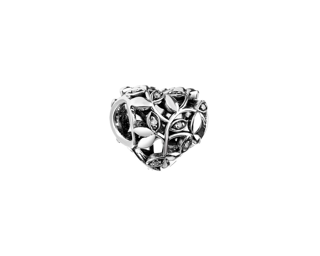 Zawieszka srebrna beads z cyrkoniami - liście, serce