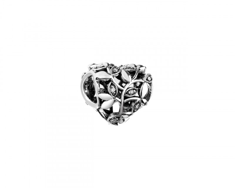 Sterling Silver Beads Pendant with Cubic Zirconia - Leaves, Heart