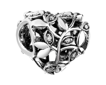 Sterling Silver Beads Pendant with Cubic Zirconia - Leaves, Heart