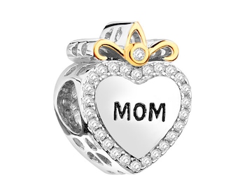 Sterling Silver Beads Pendant with Cubic Zirconia & Enamel - Heart, Mum