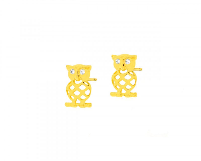 Yellow Gold Earrings with Cubic Zirconia - Owl