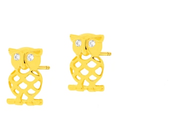 Yellow Gold Earrings with Cubic Zirconia - Owl