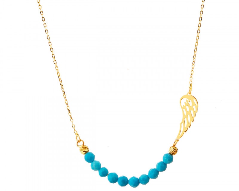Yellow Gold Necklace with Synthetic Turquoise - Wing