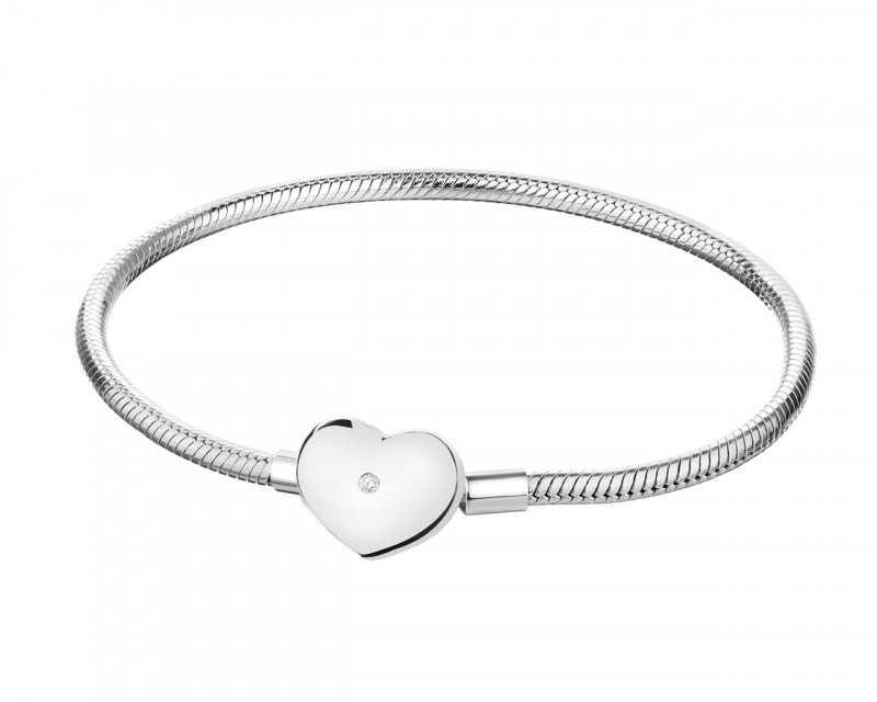 Sterling Silver Beads Bracelet with Cubic Zirconia - Heart