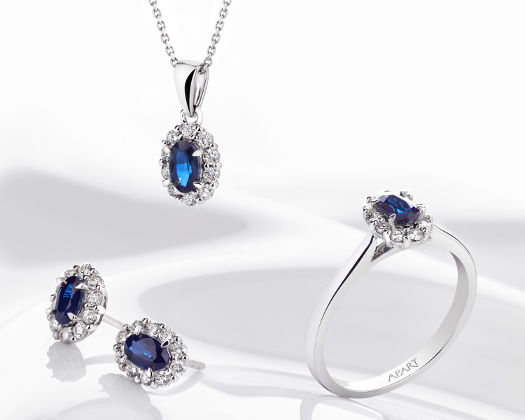 White Gold Diamond & Sapphire Earrings - fineness 14 K