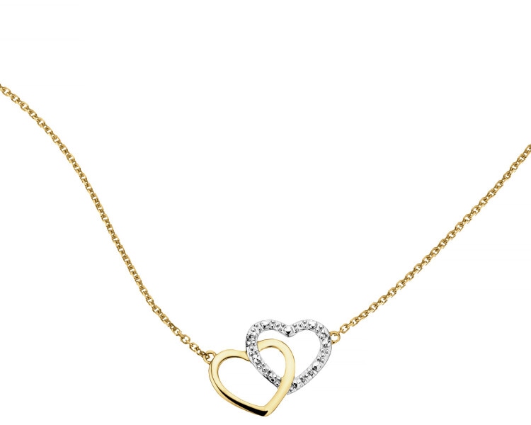 Yellow Gold Diamond Necklace  - Hearts - 0,003 ct - fineness 14 K
