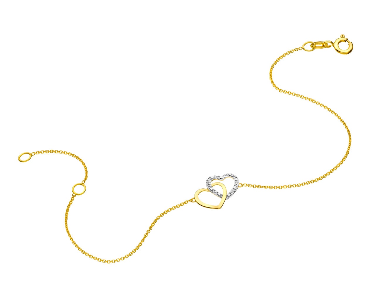 Bransoletka z żółtego złota z diamentem - serca 0,003 ct - próba 585