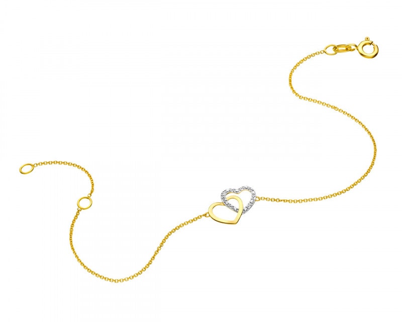 Bransoletka z żółtego złota z diamentem - serca 0,003 ct - próba 585