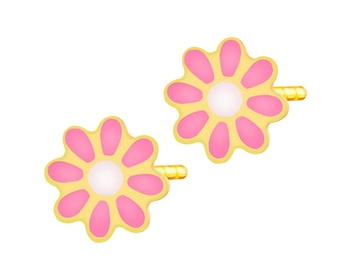 Yellow Gold & Enamel Earrings - Flowers