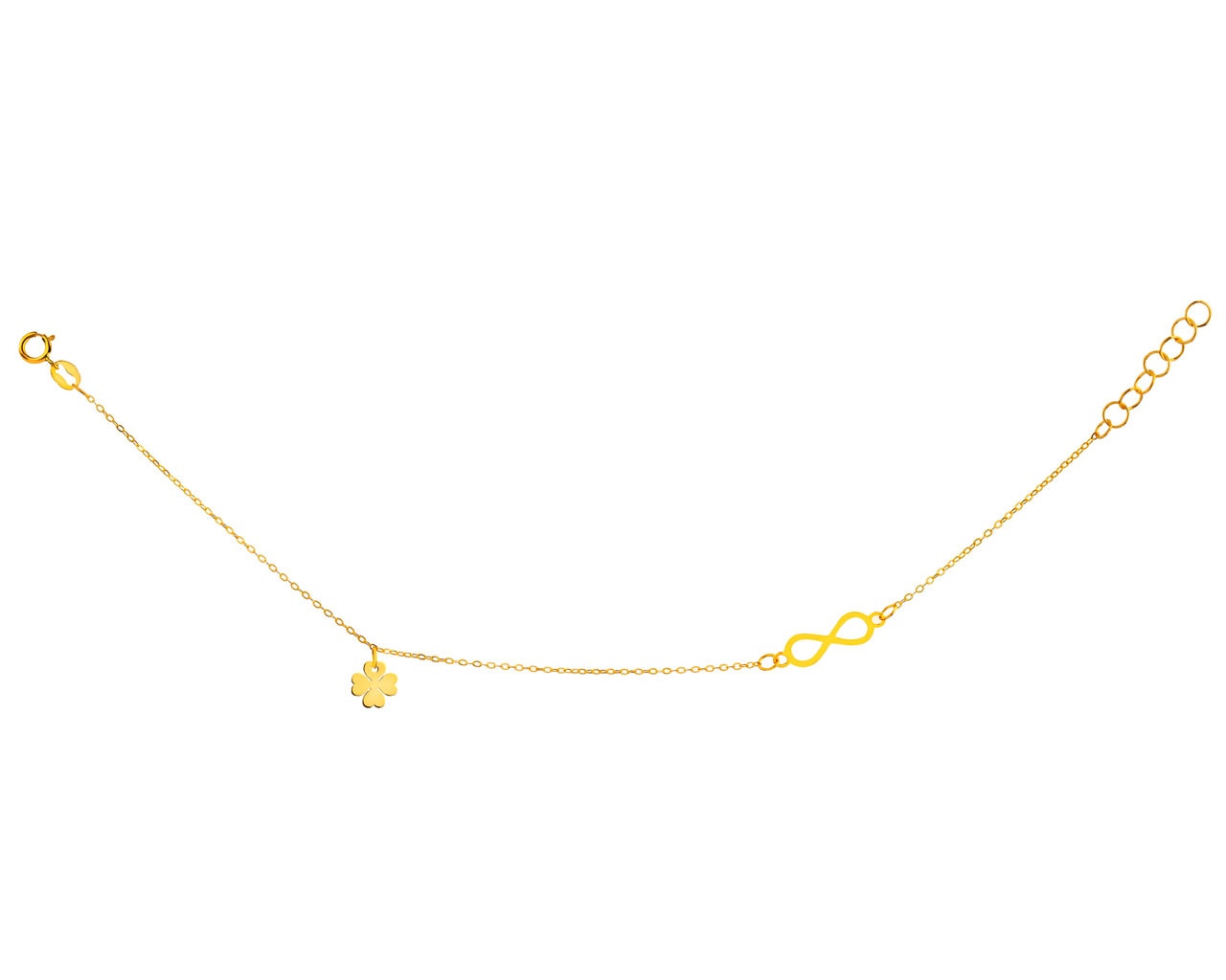 Złota bransoletka, ankier - znak nieskończoności, koniczyna