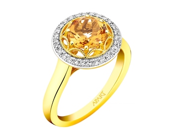 Prsten ze žlutého zlata s diamanty a citrínem - ryzost 585