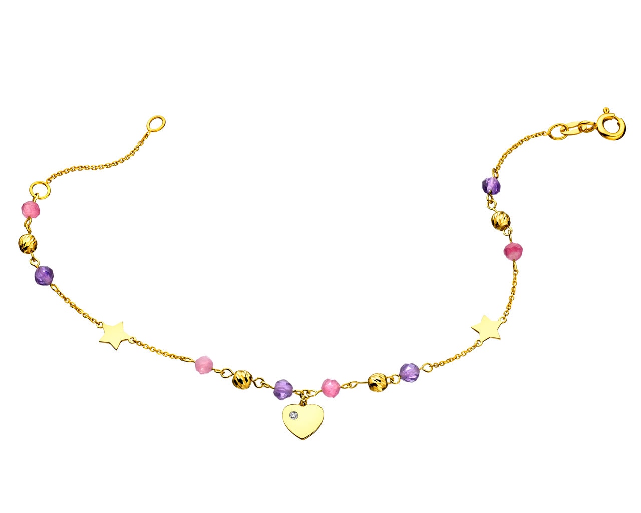 Yellow Gold Bracelet with Diamond, Amethyst & Tourmaline - Heart, Stars 0,005 ct - fineness 9 K
