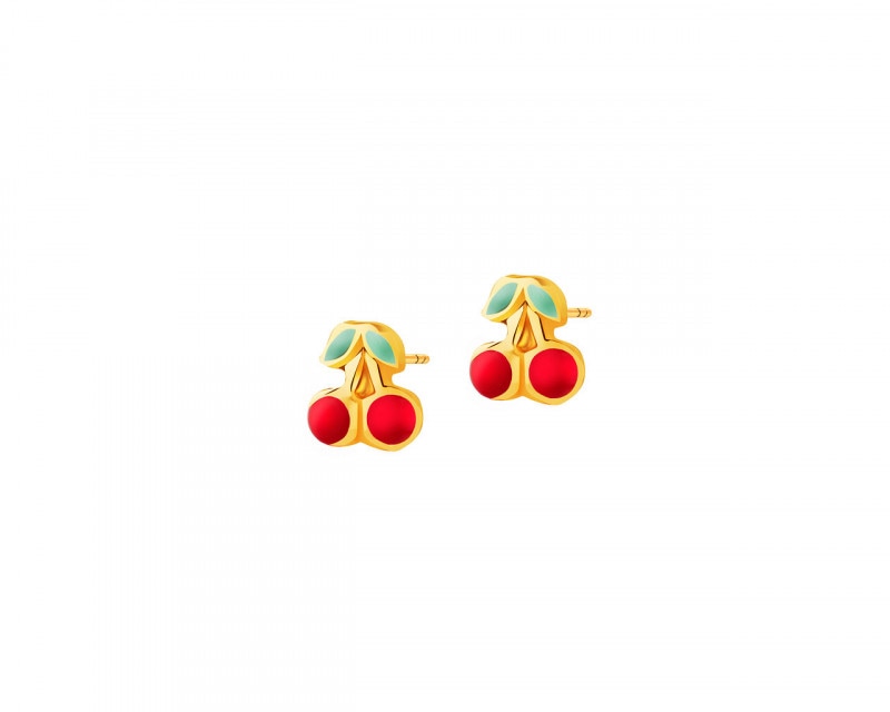 Yellow Gold & Enamel Earrings - Cherries