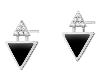 Kolczyki srebrne z cyrkoniami i onyksem - trójkąty