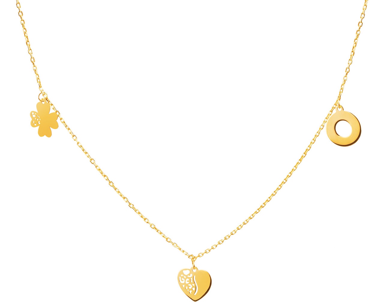 Złoty naszyjnik - koniczyna, serce, kółko