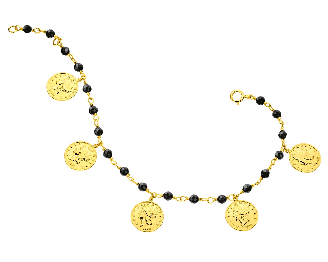 Bransoletka z żółtego złota z diamentem i agatami - monety 0,003 ct - próba 375