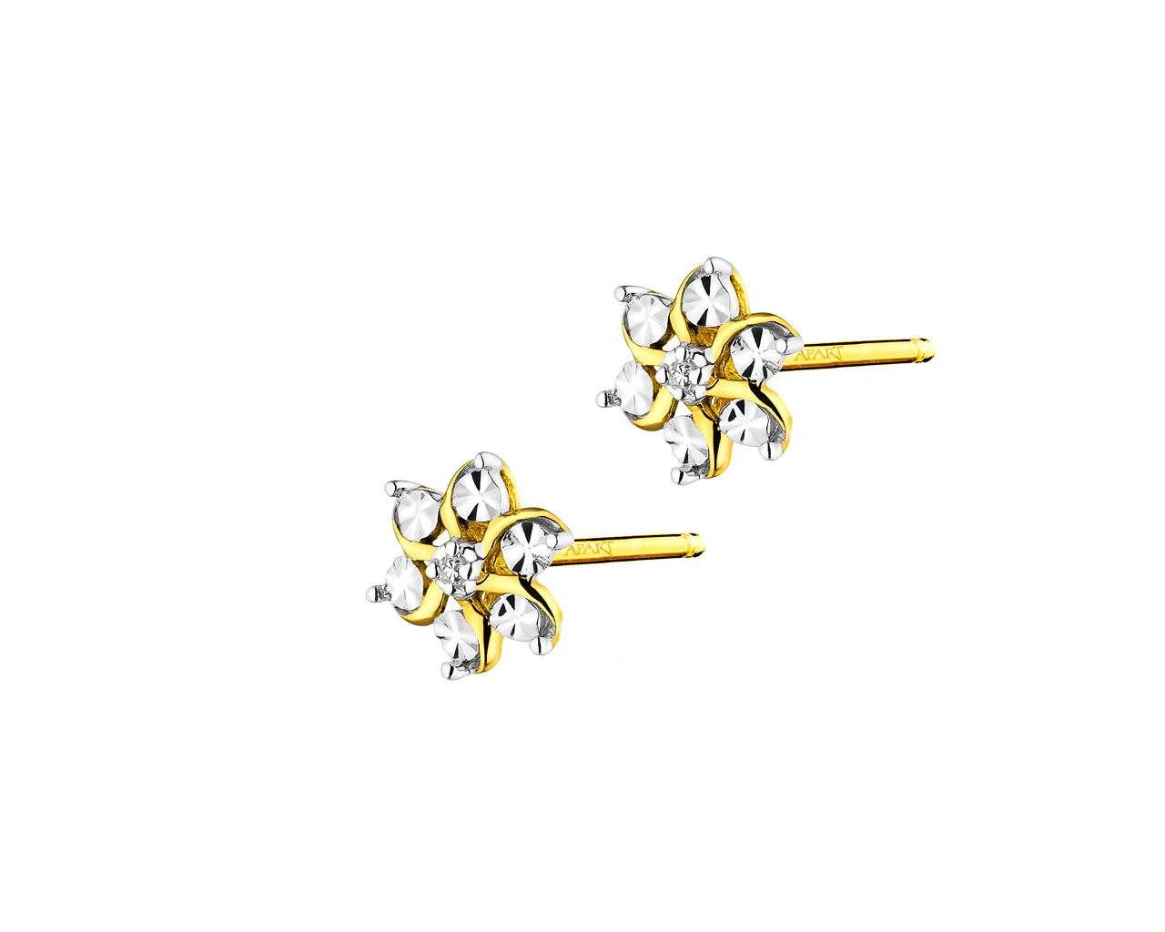Kolczyki z żółtego złota z diamentami - kwiatki 0,006 ct - próba 375