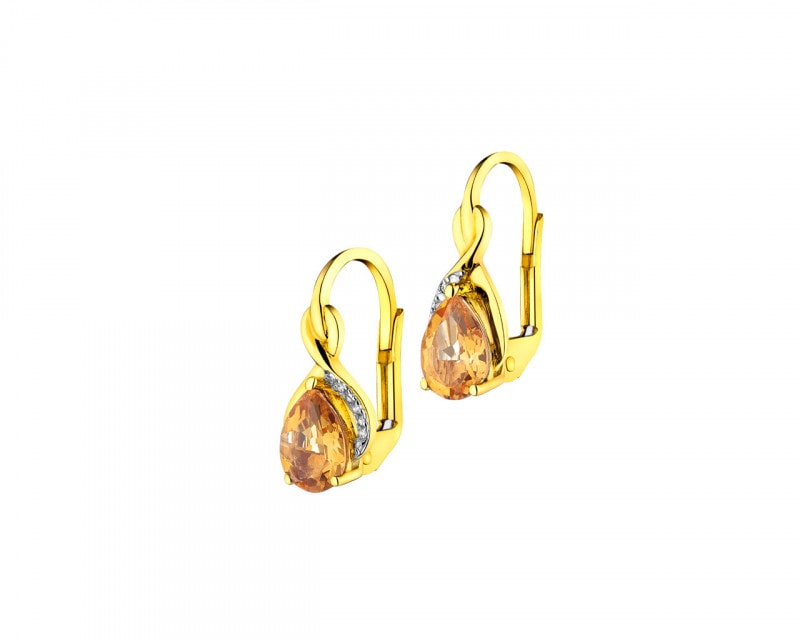 Yellow Gold Earrings with Diamond & Citrine - fineness 9 K