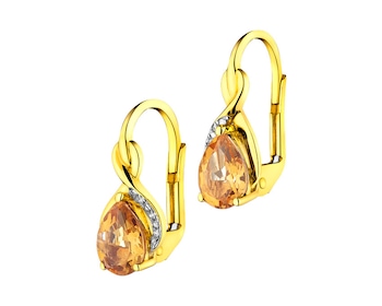 Yellow Gold Earrings with Diamond & Citrine 0,01 ct - fineness 9 K