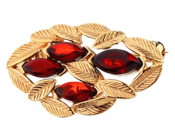 Gold Plated Silver Brooch with Amber - Leaves