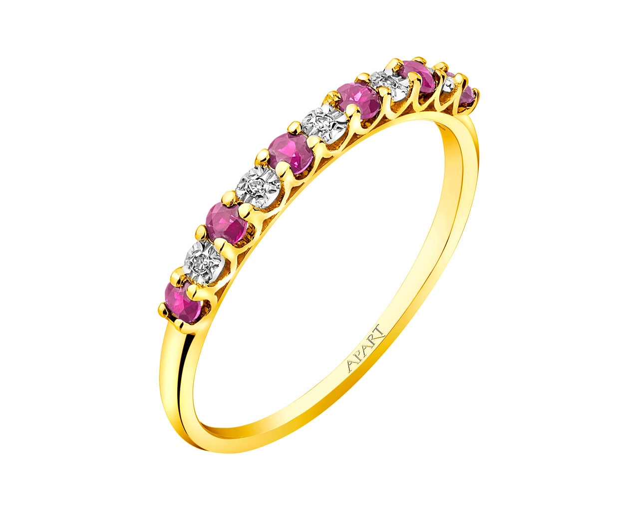 Yellow Gold Ring with Diamond & Ruby 0,01 ct - fineness 9 K