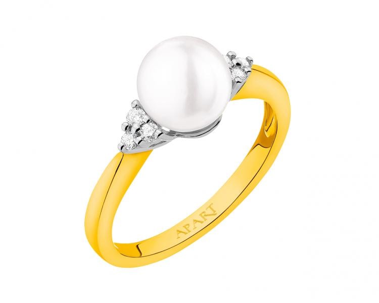 Prsten ze žlutého zlata s brilianty a perlou - ryzost 750