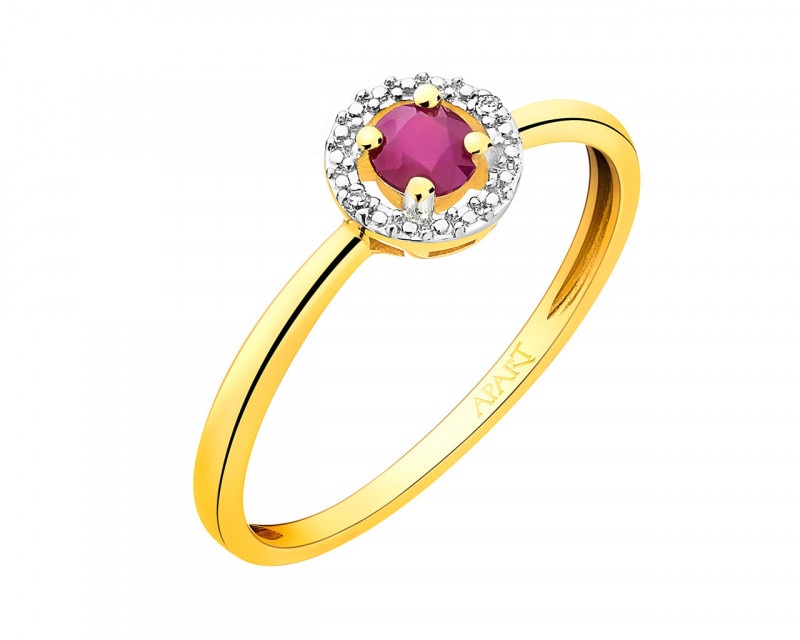 Prsten ze žlutého zlata s diamanty a rubínem - ryzost 585