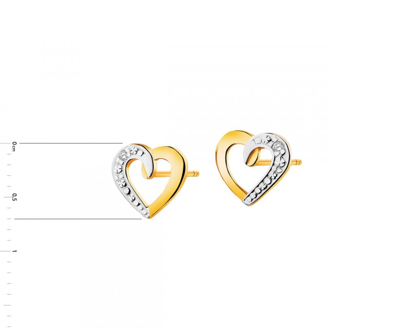 Kolczyki z żółtego złota z diamentami - serca 0,006 ct - próba 585