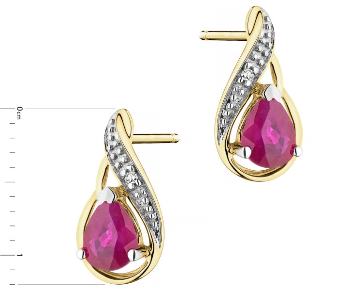 Náušnice ze žlutého zlata s diamanty a rubíny - ryzost 585