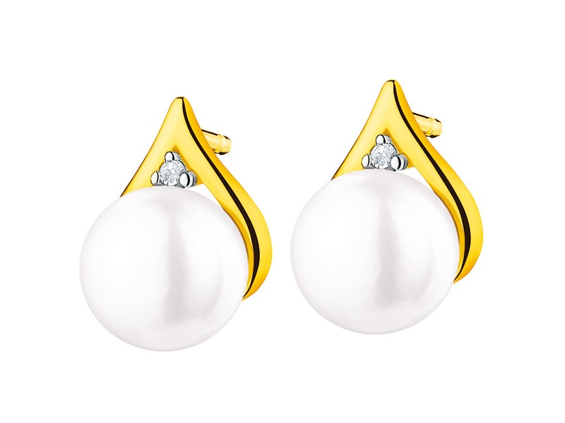 Yellow Gold Earrings with Diamond & Pearl - fineness 14 K