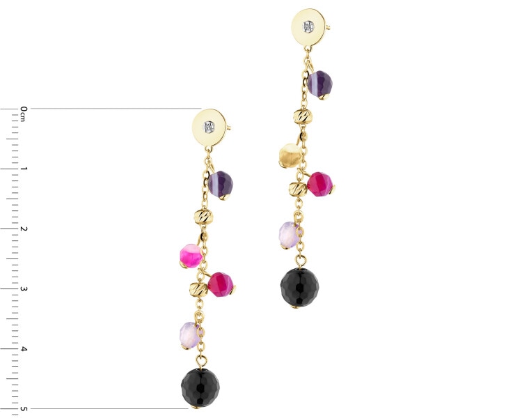 Kolczyki z żółtego złota z diamentami i agatami - próba 375