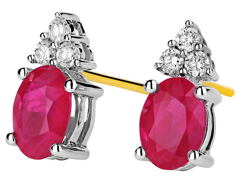 Yellow and white gold earrings with brilliants and rubies 0,15 ct - fineness 14 K