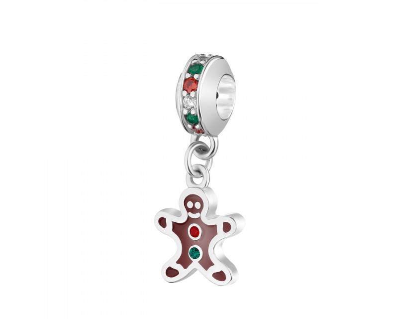Sterling Silver & Enamel Beads Pendant with Cubic Zirconia - Gingerbread Man