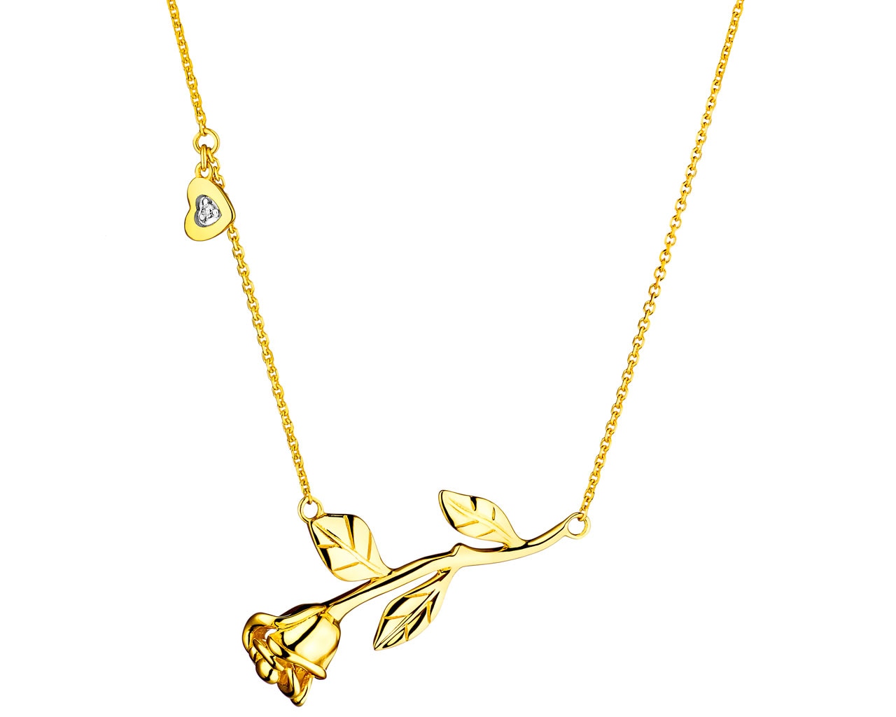 Yellow Gold Diamond Necklace - Flower, Heart 0,005 ct - fineness 14 K