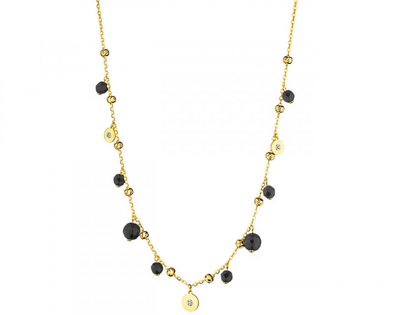 Yellow Gold Necklace with Diamond & Agate - Round Disc - fineness 9 K
