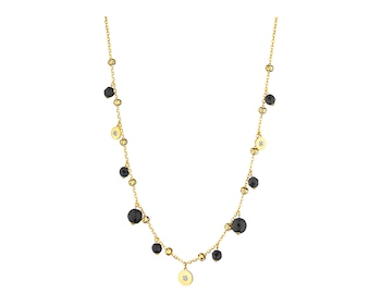 Yellow Gold Necklace with Diamond & Agate - Round Disc - fineness 9 K