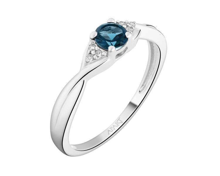 Pierścionek z białego złota z diamentami i topazem London Blue - próba 375