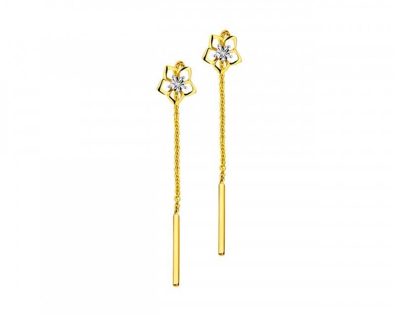 Kolczyki z żółtego złota z diamentami - kwiaty 0,006 ct - próba 375