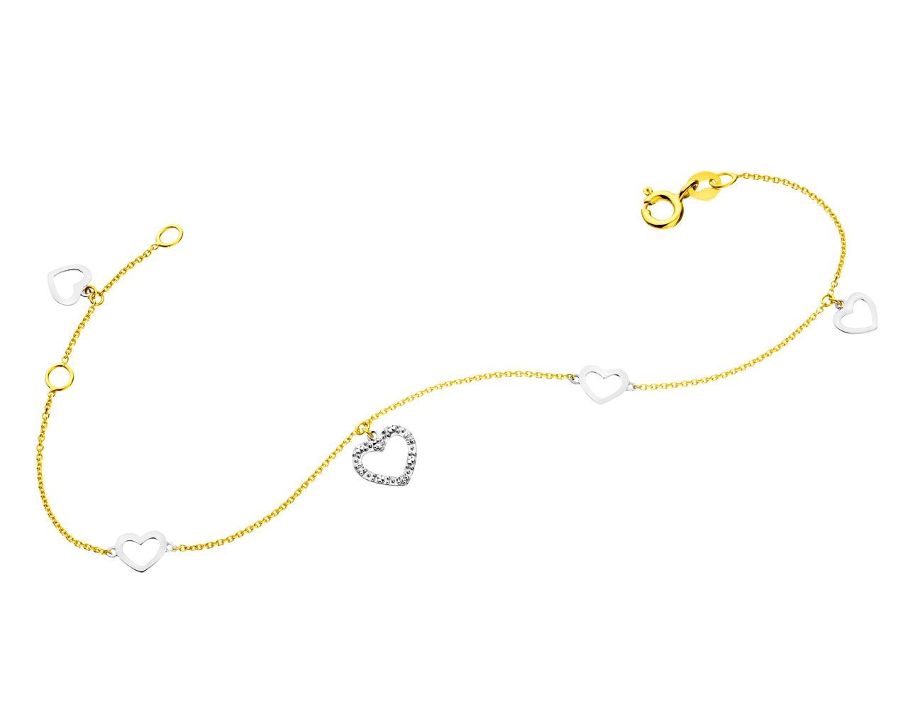 Bransoletka z żółtego i białego złota z diamentami - serca 0,01 ct - próba 375