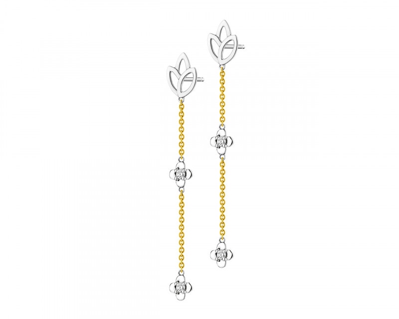 Kolczyki z żółtego i białego złota z brylantami - kwiaty lotosu 0,10 ct - próba 375
