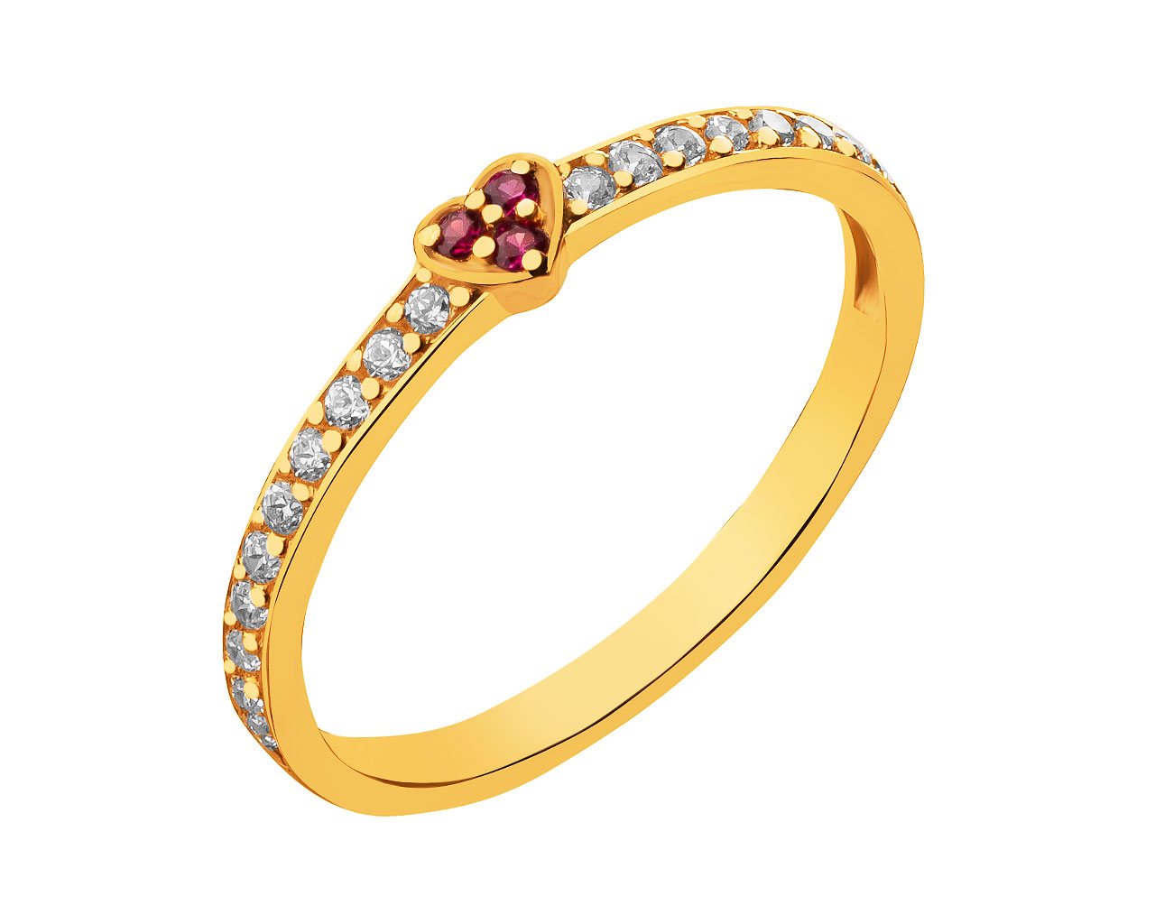 Złoty pierścionek z rubinami syntetycznymi i cyrkoniami - serce  