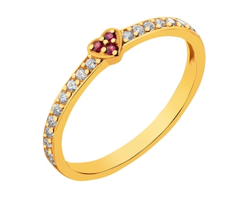 Złoty pierścionek z rubinami syntetycznymi i cyrkoniami - serce